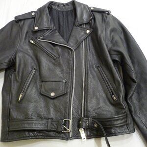 WOMEN MOTORCYCLE BLACK GENUINE STURDY HEAVY LEATHER JACKET EXCELLENT CONDITION M